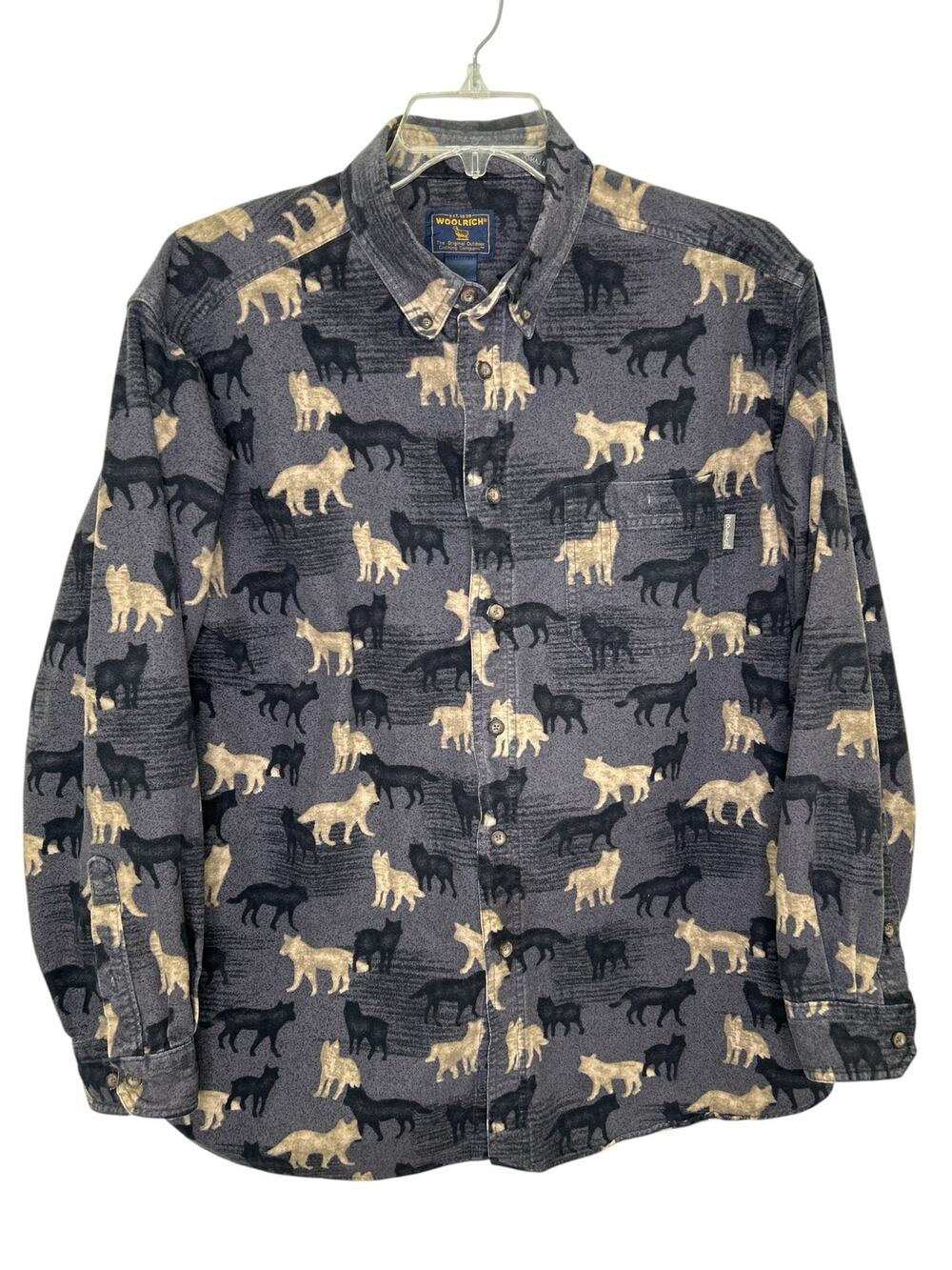 Woolrich XL Gray Flannel Button Down Shirt Onyx Wolves All Over Print XL Cotton